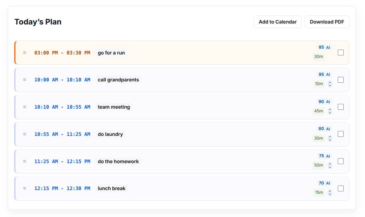 Generated schedule view with time blocks